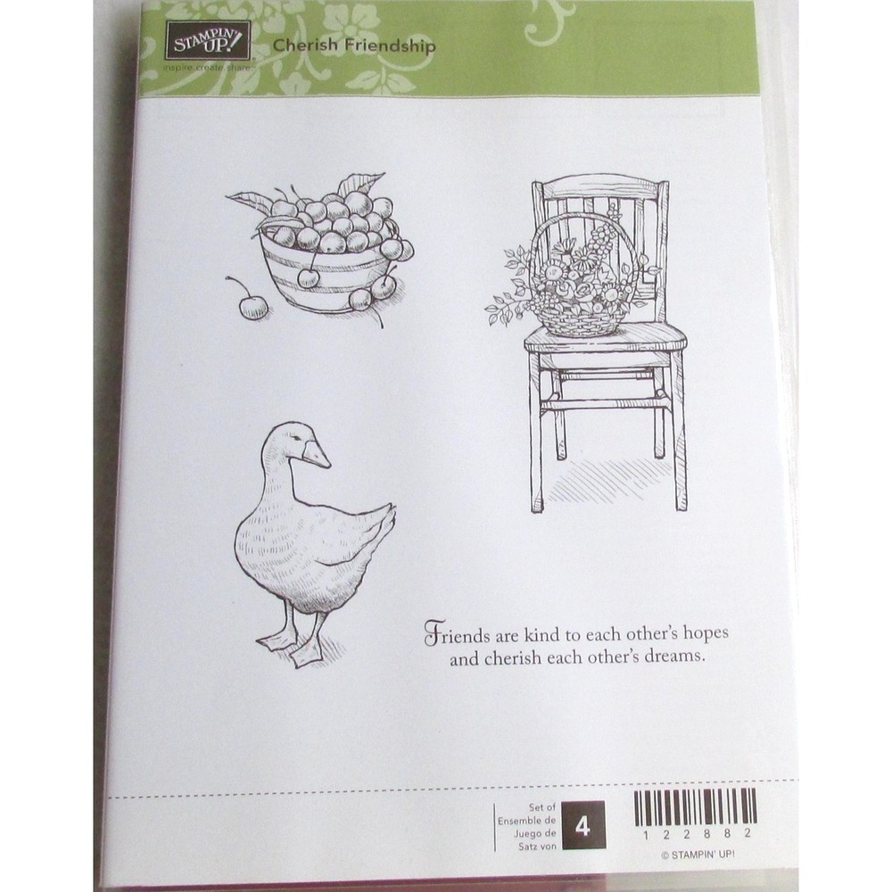 Stampin' Up Cherish‎ Friendship Rubber Stamp Set Flowers Duck Chair Basket Craft